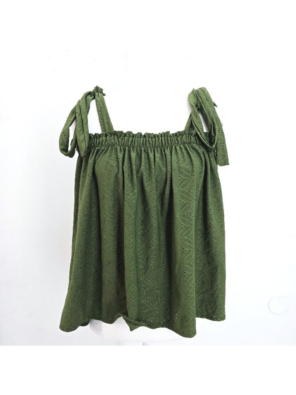 Women's Olive Green Eyelet Slinky Strappy Tie Bow Top OS